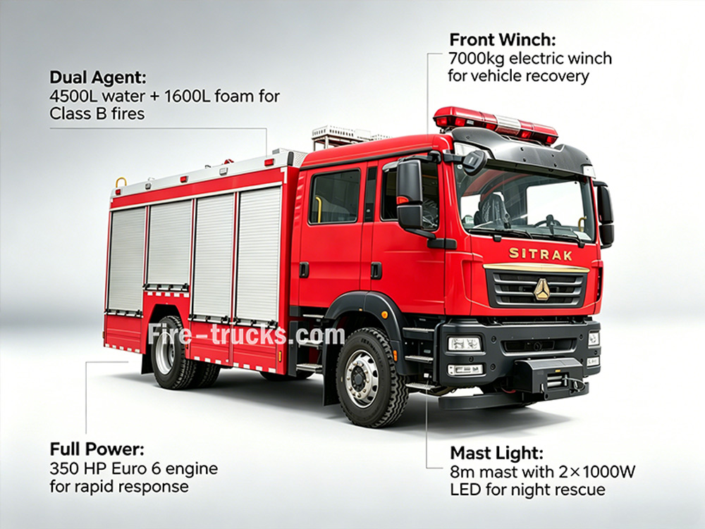 Dubai HOWO SITRAK 4x2 350HP 4500L 1600L foam water rescue fire truck Dubai HOWO SITRAK 4x2 350HP 4500L 1600L foam water rescue fire truck